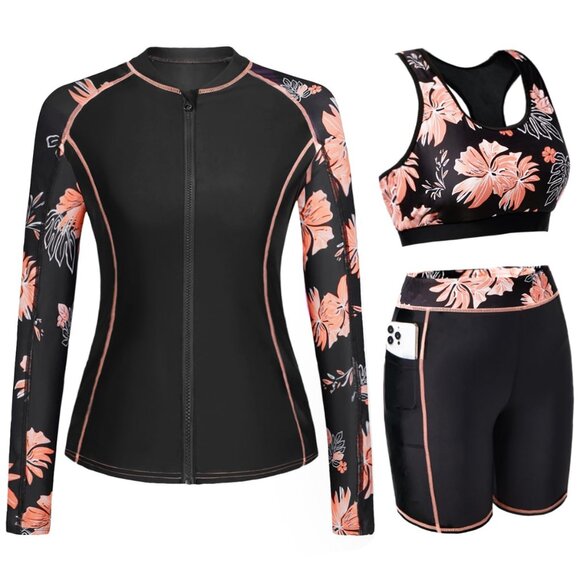 🆕 Daci 3-Piece Rash Guard Long Sleeve Swimsuit  Black Floral – Size Medium  NWT - Picture 1 of 1